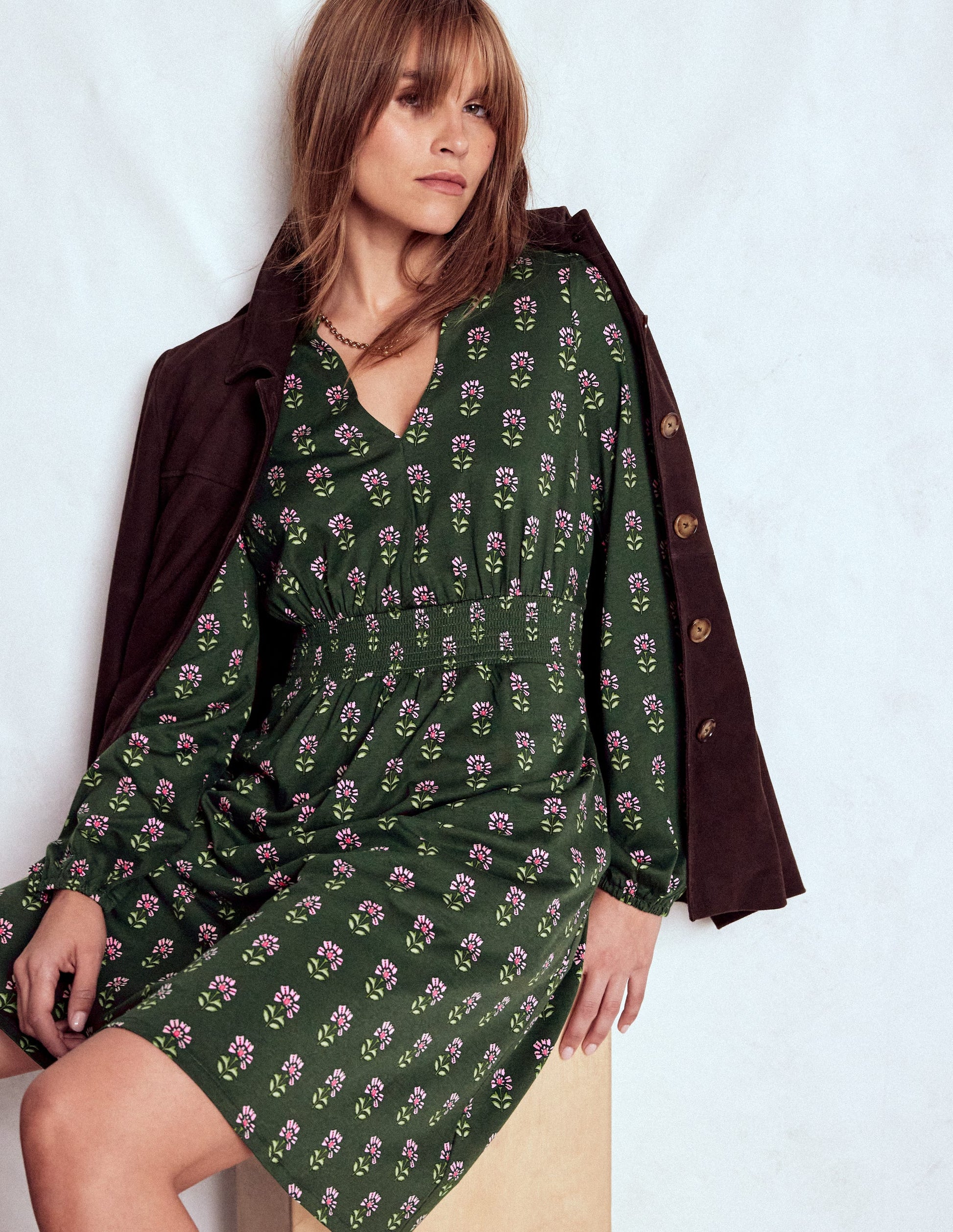 Sarah Short Jersey Dress-Winter Moss, Woodblock Floral | Boden Global Sarah Short Jersey Dress-Winter Moss, Woodblock Floral | Boden Global