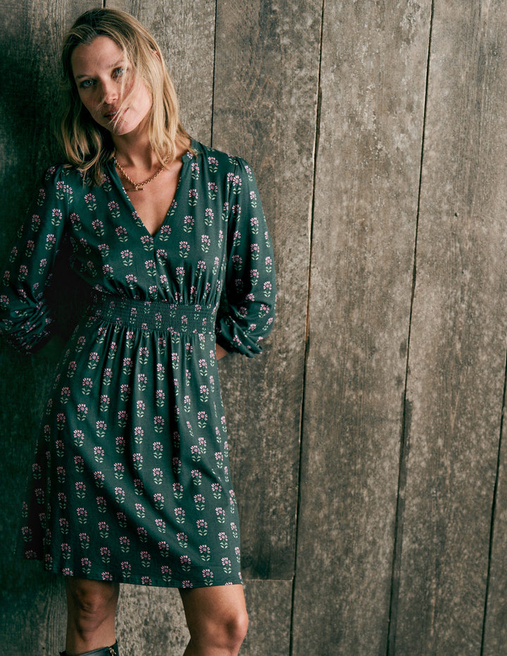 Sarah Short Jersey Dress-Winter Moss, Woodblock Floral