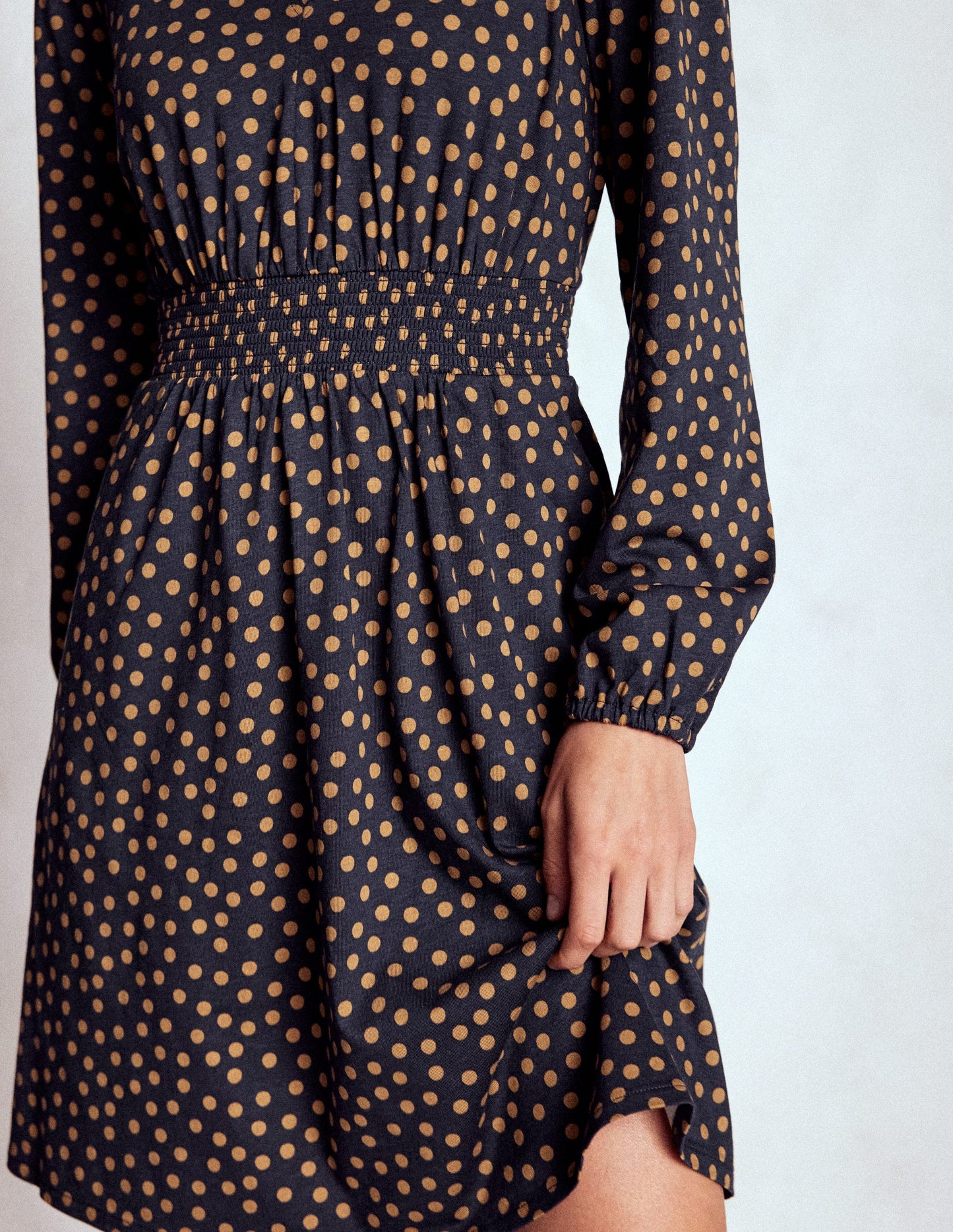 Sarah Short Jersey Dress-French Navy, Dijon Dot