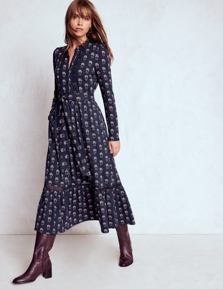 Edwina Jersey Shirt Dress-French Navy, Woodblock Flower
