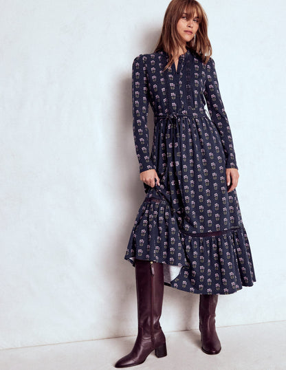 Edwina Jersey Shirt Dress-French Navy, Woodblock Flower-4
