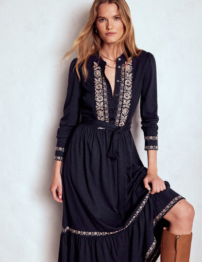 Edwina Jersey Shirt Dress-Navy-2