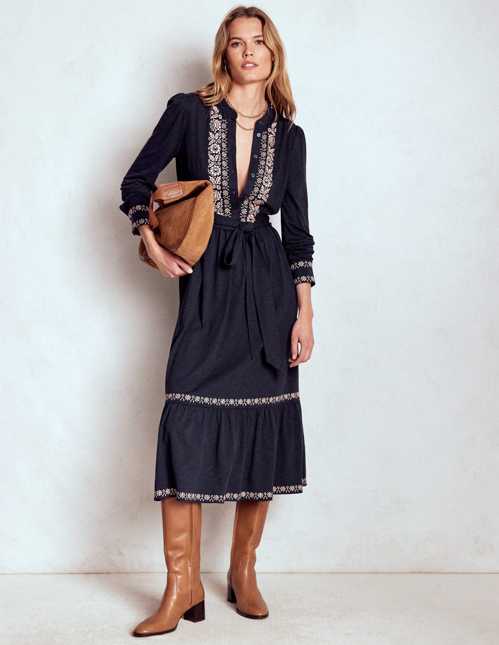 Edwina Jersey Shirt Dress-Navy-6