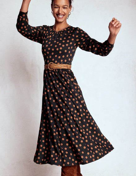 Alexandra Jersey Midi Dress-Black, Tortoise Shell Dot