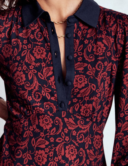 Empire Waistline Shirt Dress-Red, Ornate Flora