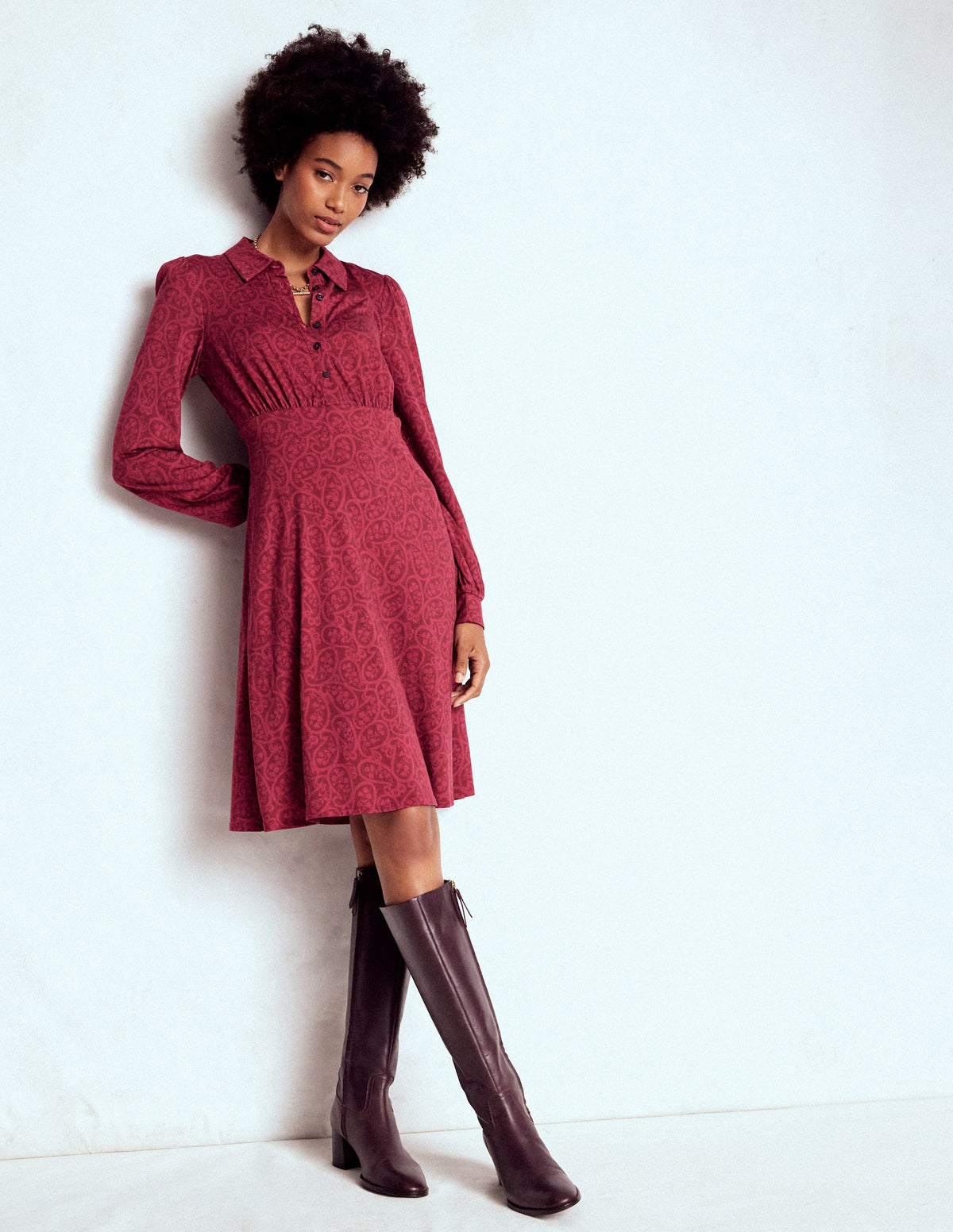 Orla Short Jersey Shirt Dress-Chestnut, Blossomy Paisley - Image 1