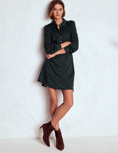 Orla Short Jersey Shirt Dress-Dark Green, Square Geometric-2