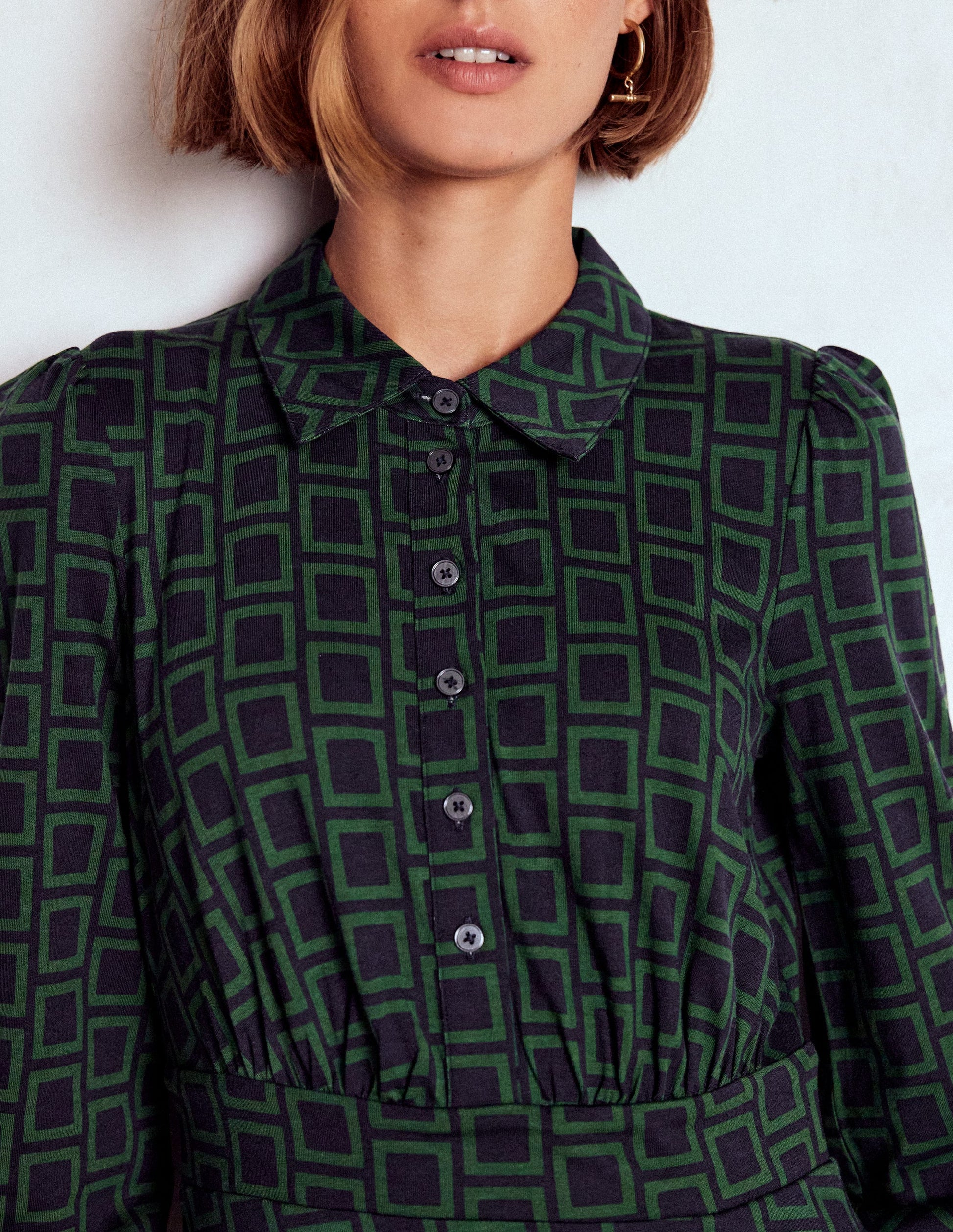 Orla Short Jersey Shirt Dress-Dark Green, Square Geometric-3