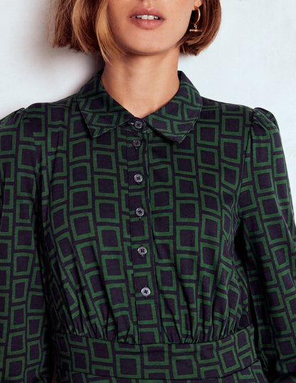 Orla Short Jersey Shirt Dress-Dark Green, Square Geometric-3