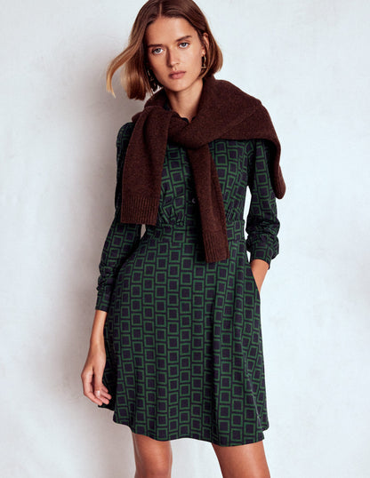 Orla Short Jersey Shirt Dress-Dark Green, Square Geometric-5