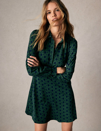 Orla Short Jersey Shirt Dress-Dark Green, Square Geometric-1