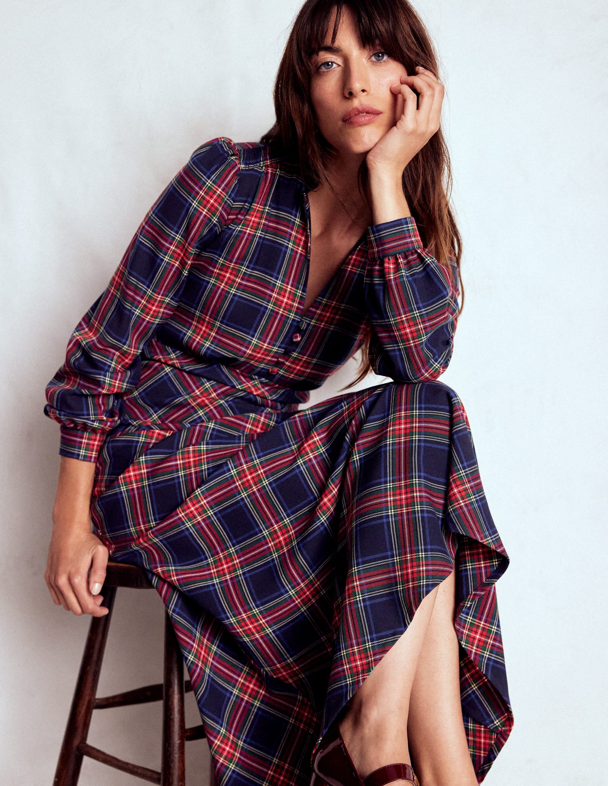 Cassie Check Tea Dress-Navy, Green and Red Check - Image 1