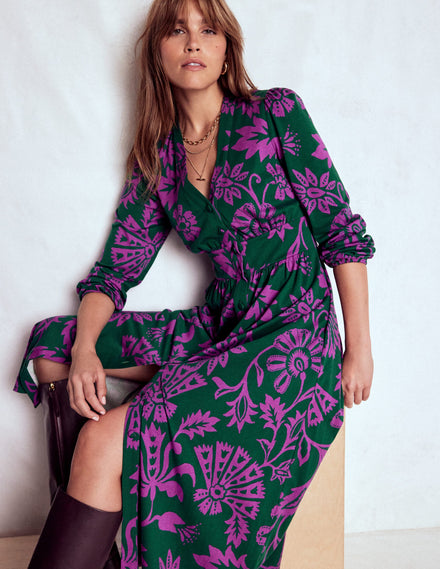 Natalia Long Sleeve Tea Dress-Emerald Night, Elaborate Vine