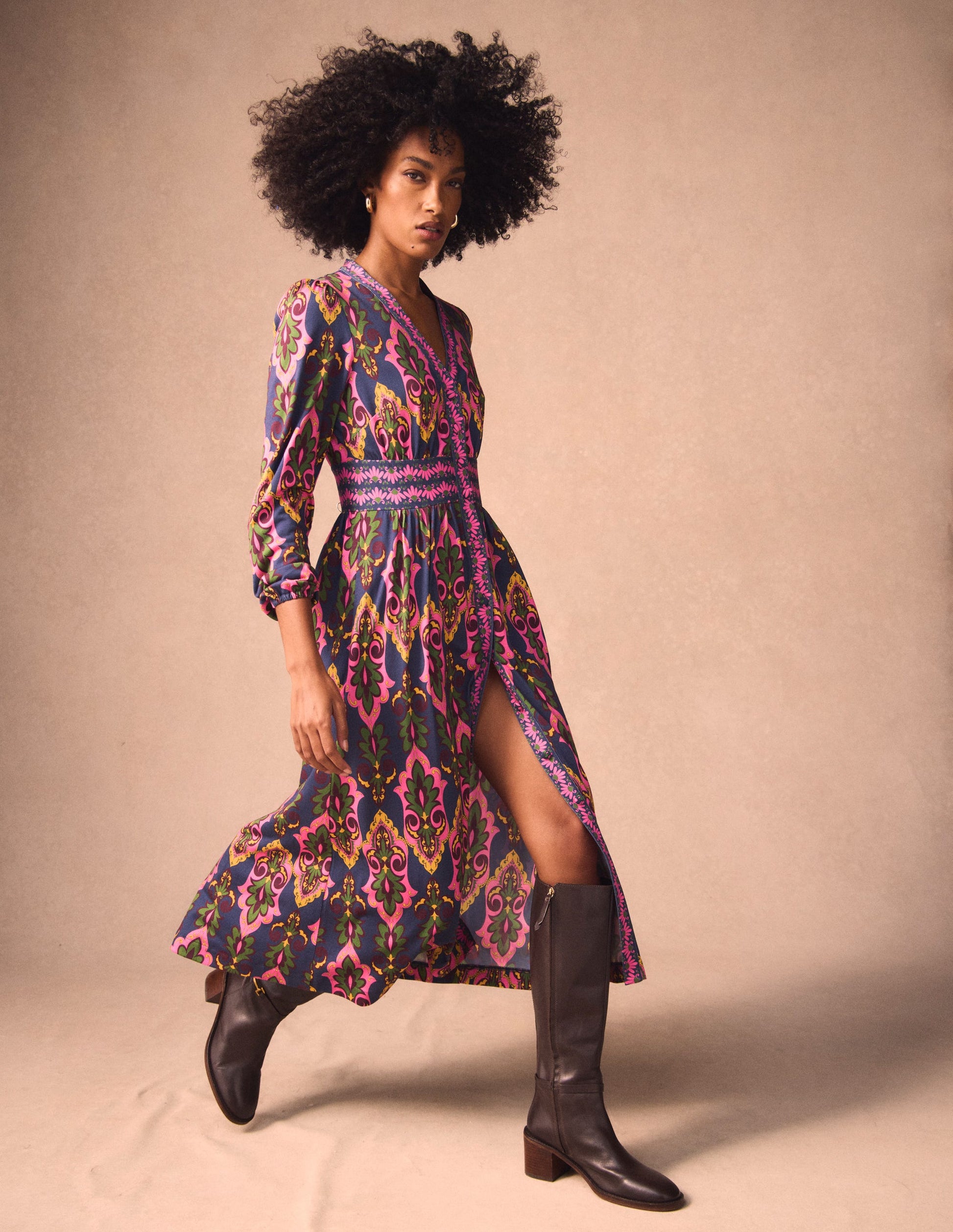 Natalia Long Sleeve Tea Dress-French Navy, Ornate Charm-1