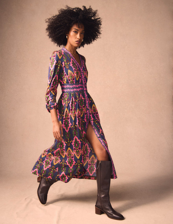 Natalia Long Sleeve Tea Dress-French Navy, Ornate Charm