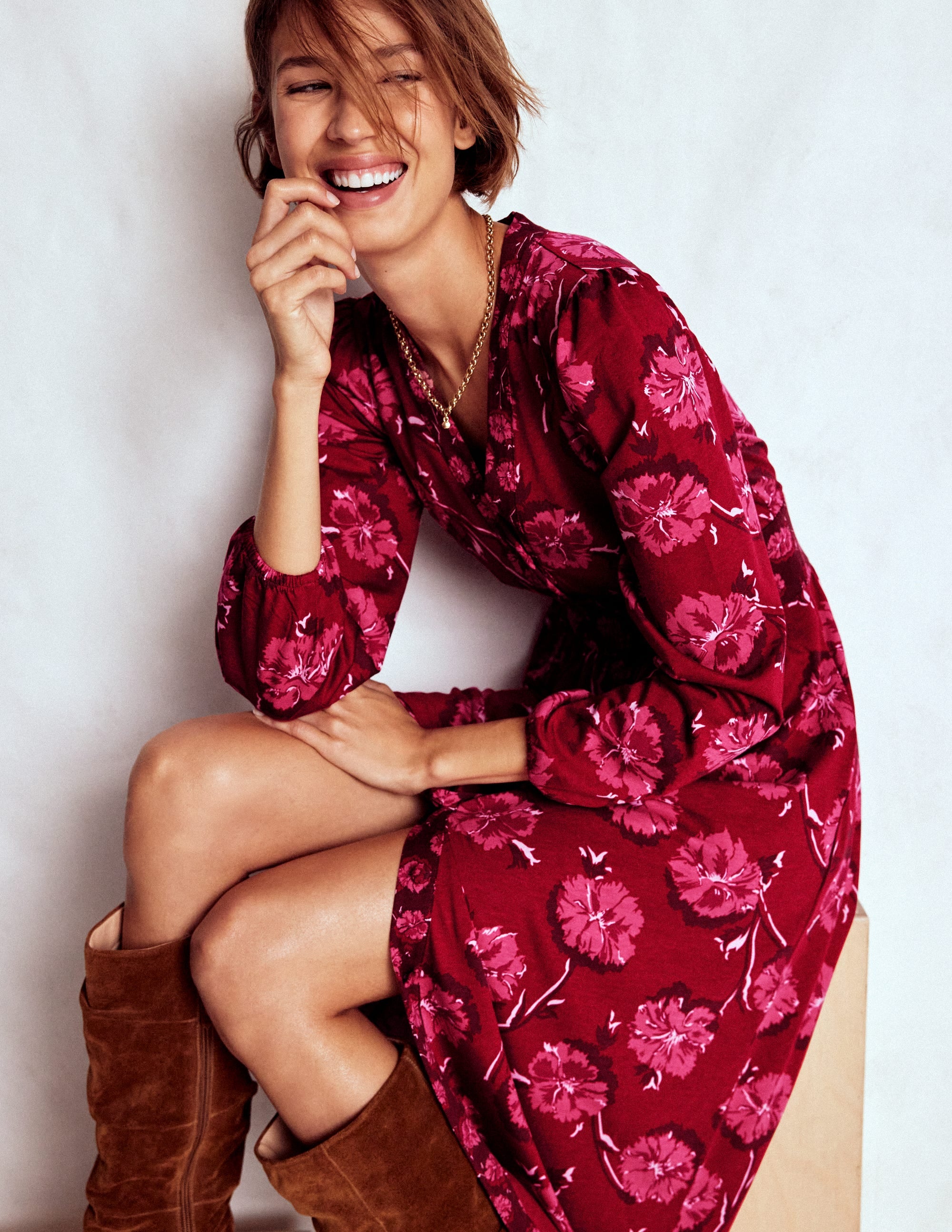 Natalia Long Sleeve Tea Dress-Red, Delicate Carnation - Image 1