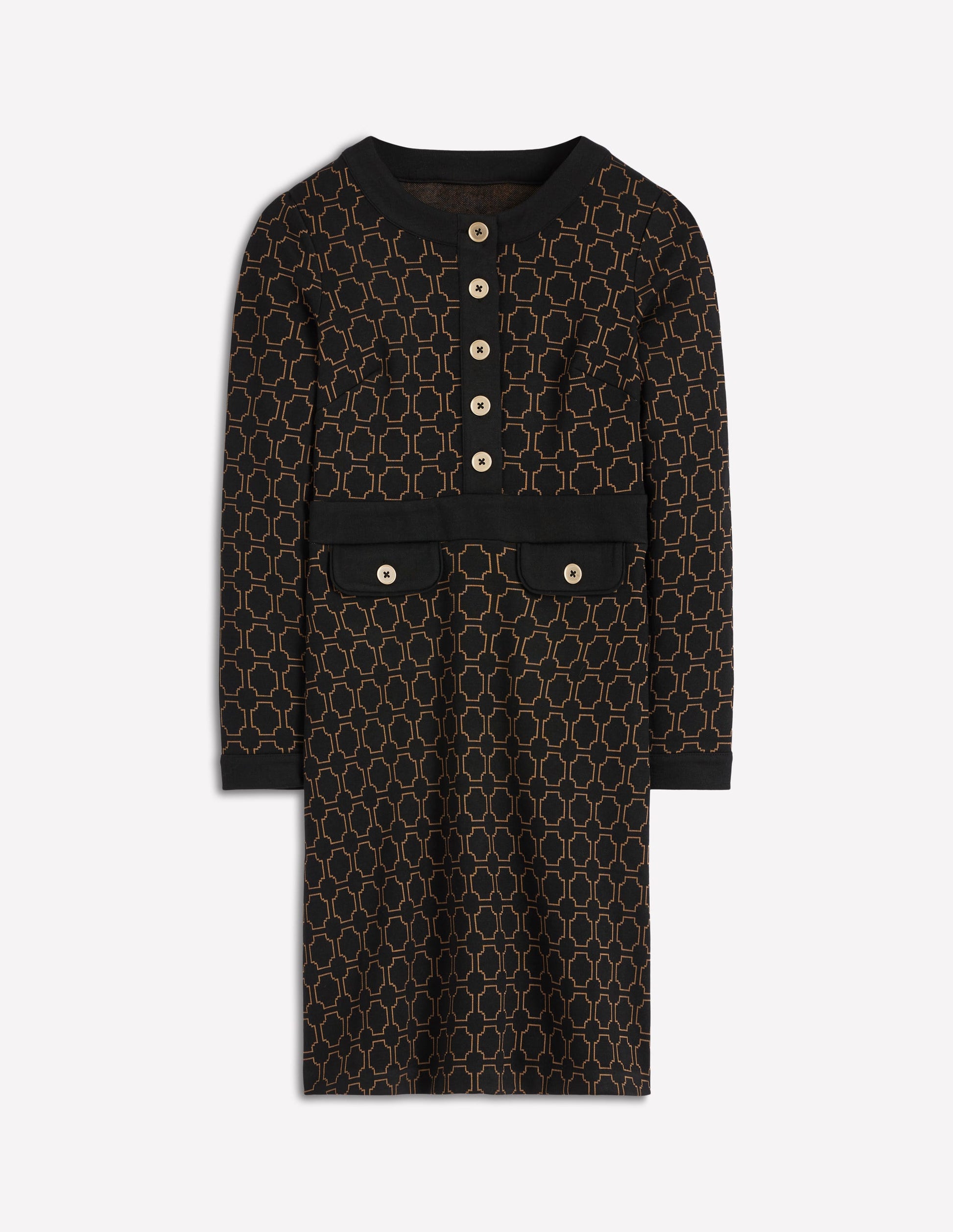 Lavinia Button Shift Dress-Black/Camel Jacquard-6