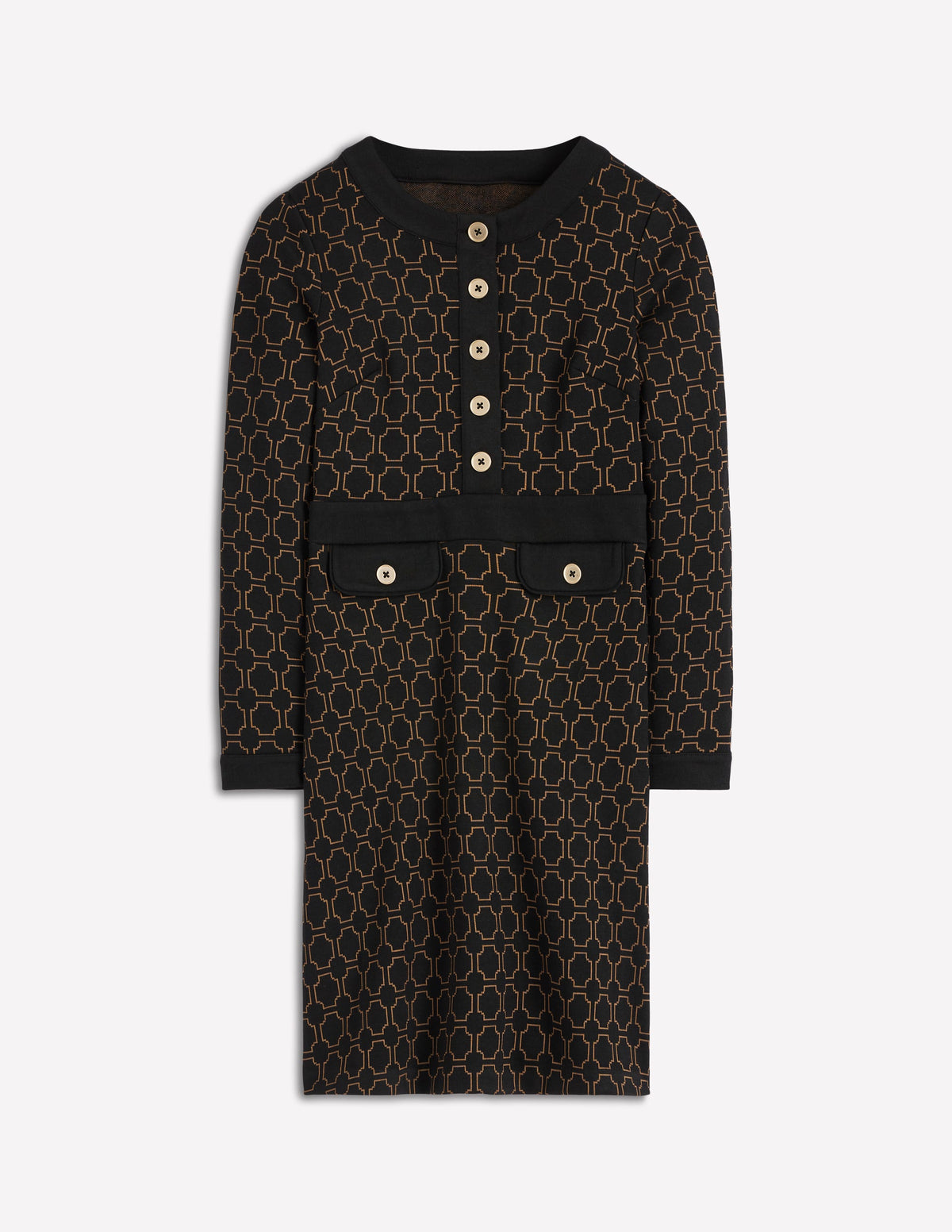 Lavinia Button Shift Dress-Black/Camel Jacquard - Image 6