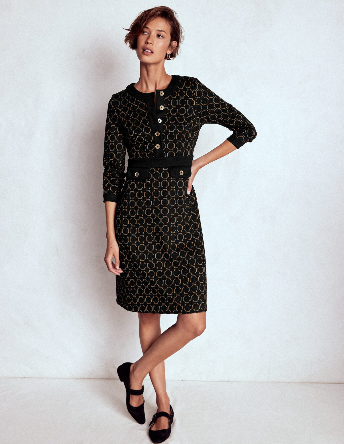 Lavinia Button Shift Dress-Black/Camel Jacquard - Image 1