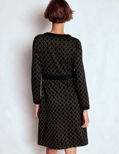 Lavinia Button Shift Dress-Black/Camel Jacquard-3