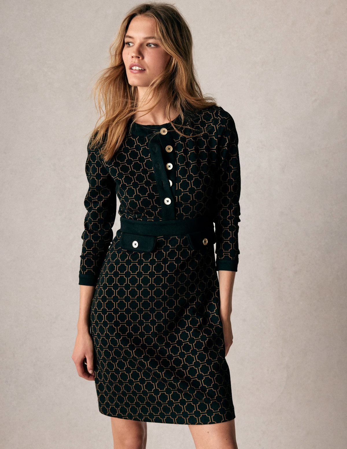 Lavinia Button Shift Dress-Black/Camel Jacquard - Image 5