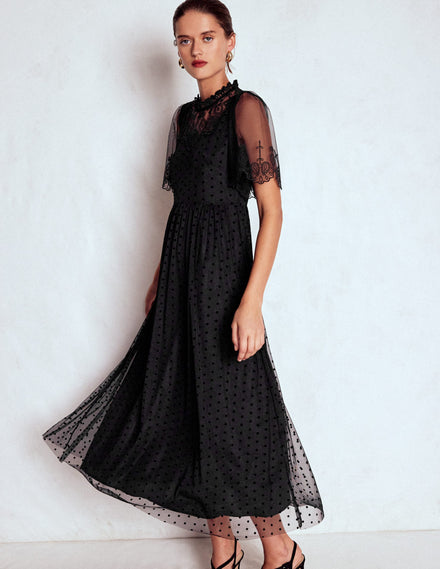 Embroidered Tulle Party Dress-Black