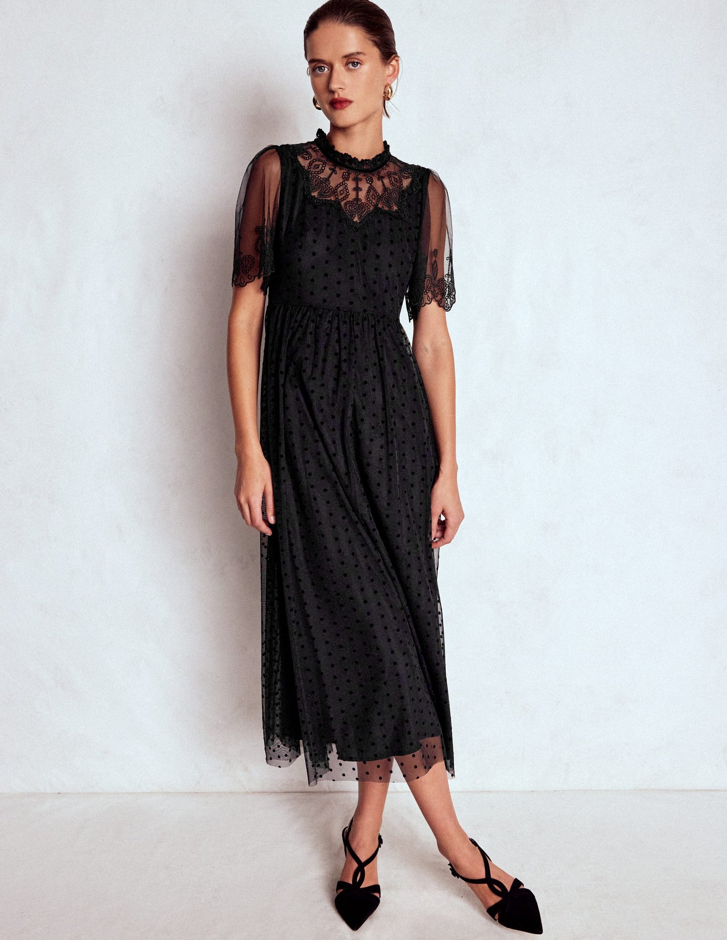Embroidered Tulle Party Dress-Black