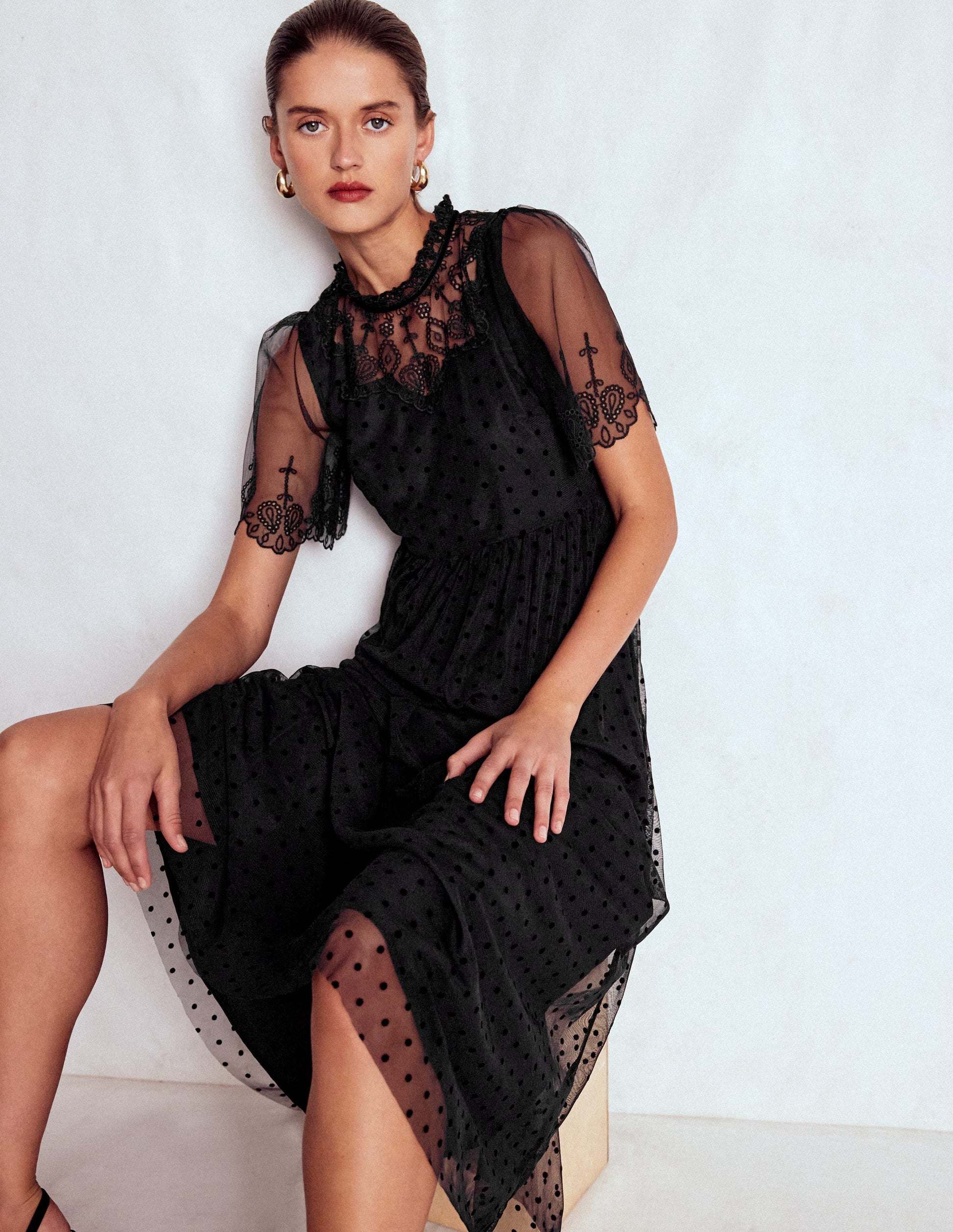 Embroidered Tulle Party Dress-Black-7