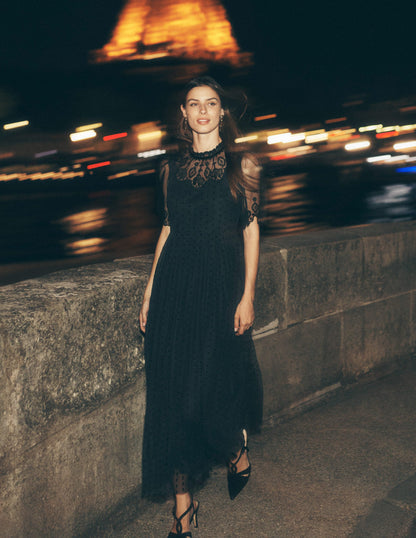 Embroidered Tulle Party Dress-Black-1