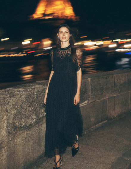 Embroidered Tulle Party Dress-Black