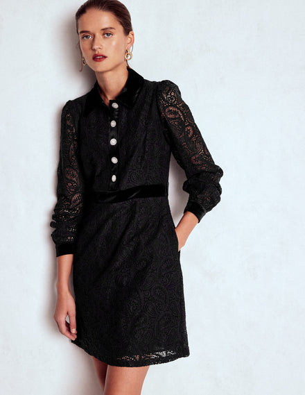 Collar Button Lace Dress-Black