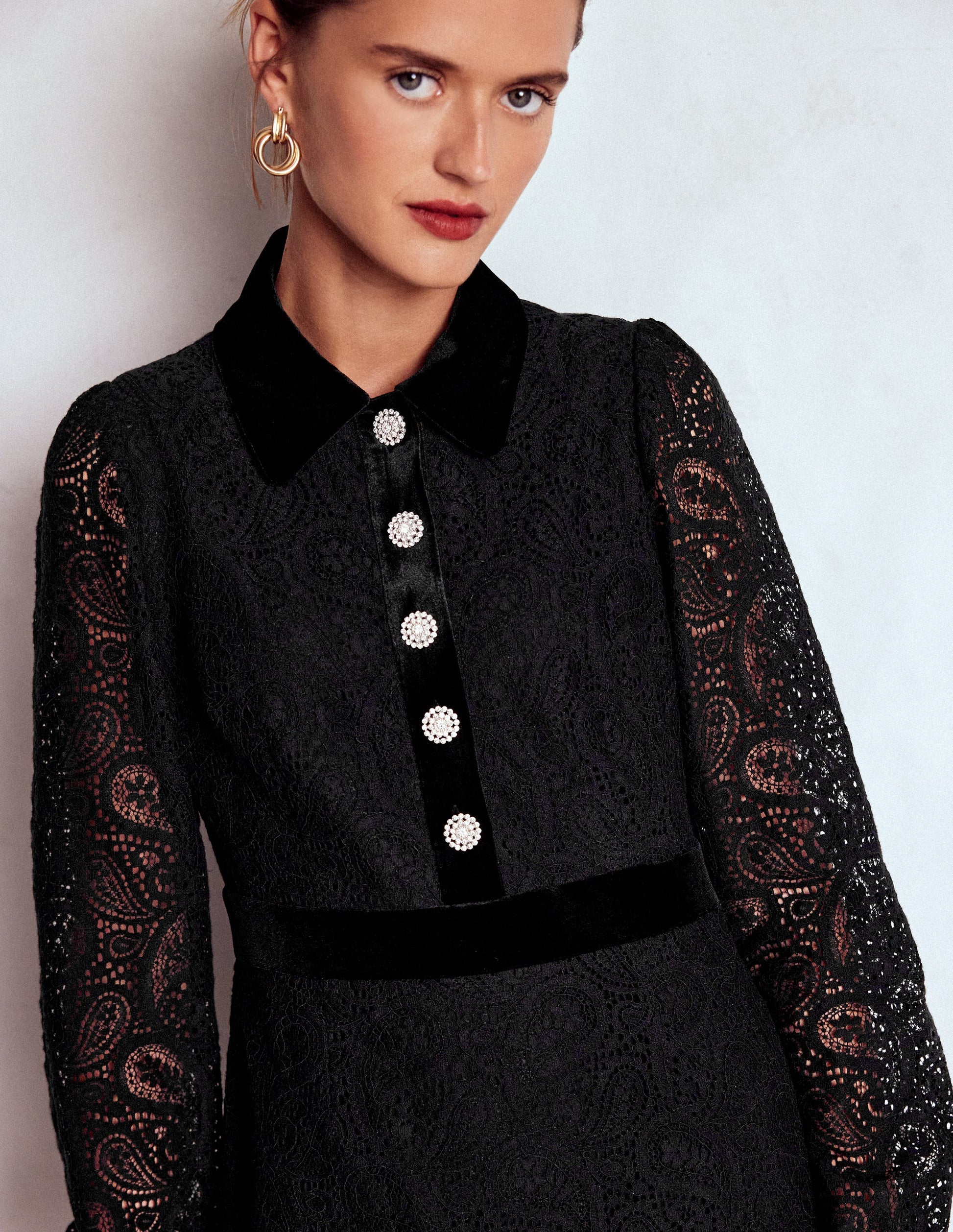 Collar Button Lace Dress-Black-3