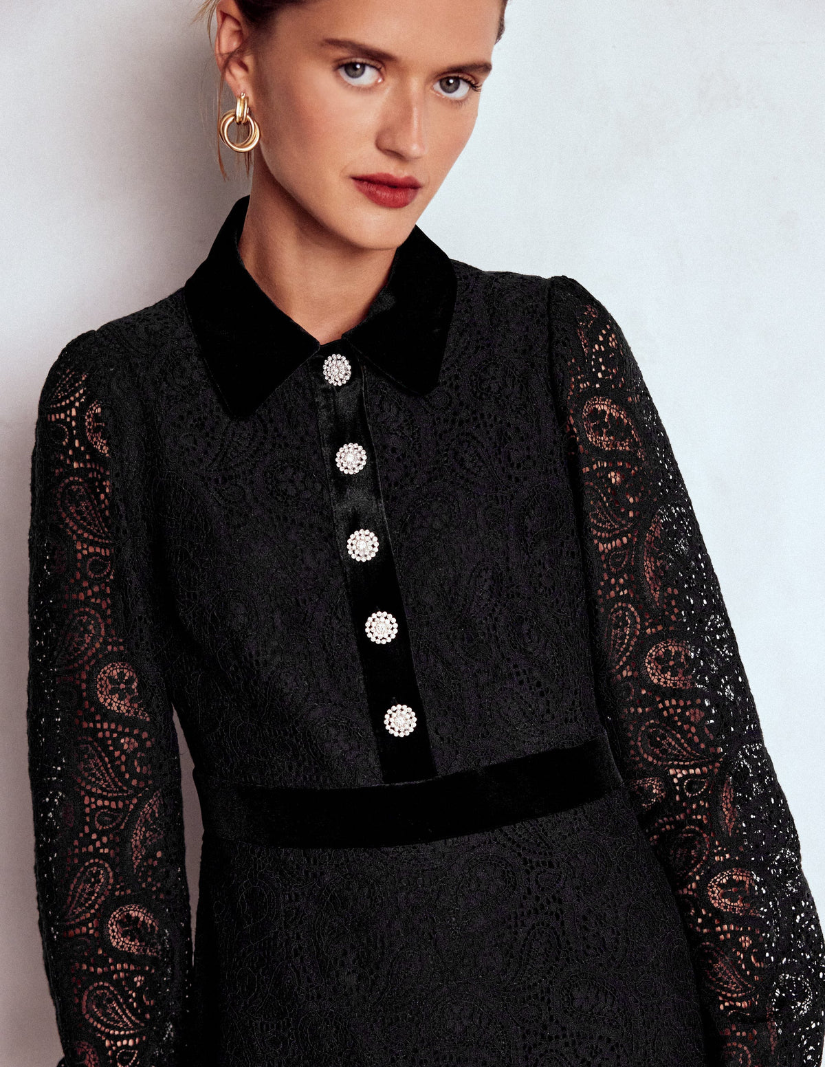 Collar Button Lace Dress-Black - Image 2