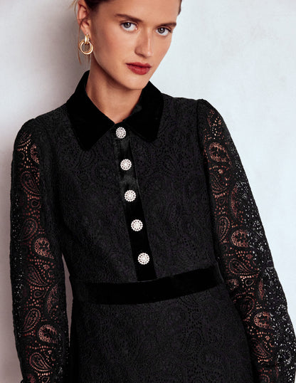 Collar Button Lace Dress-Black-3