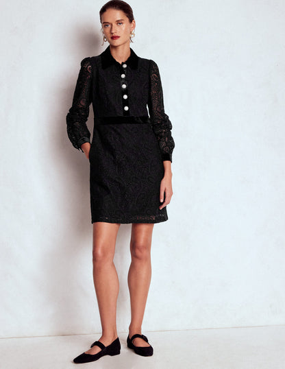 Collar Button Lace Dress-Black-5