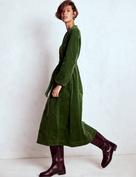 Ros Panelled Cord Midi Dress-Green Fir