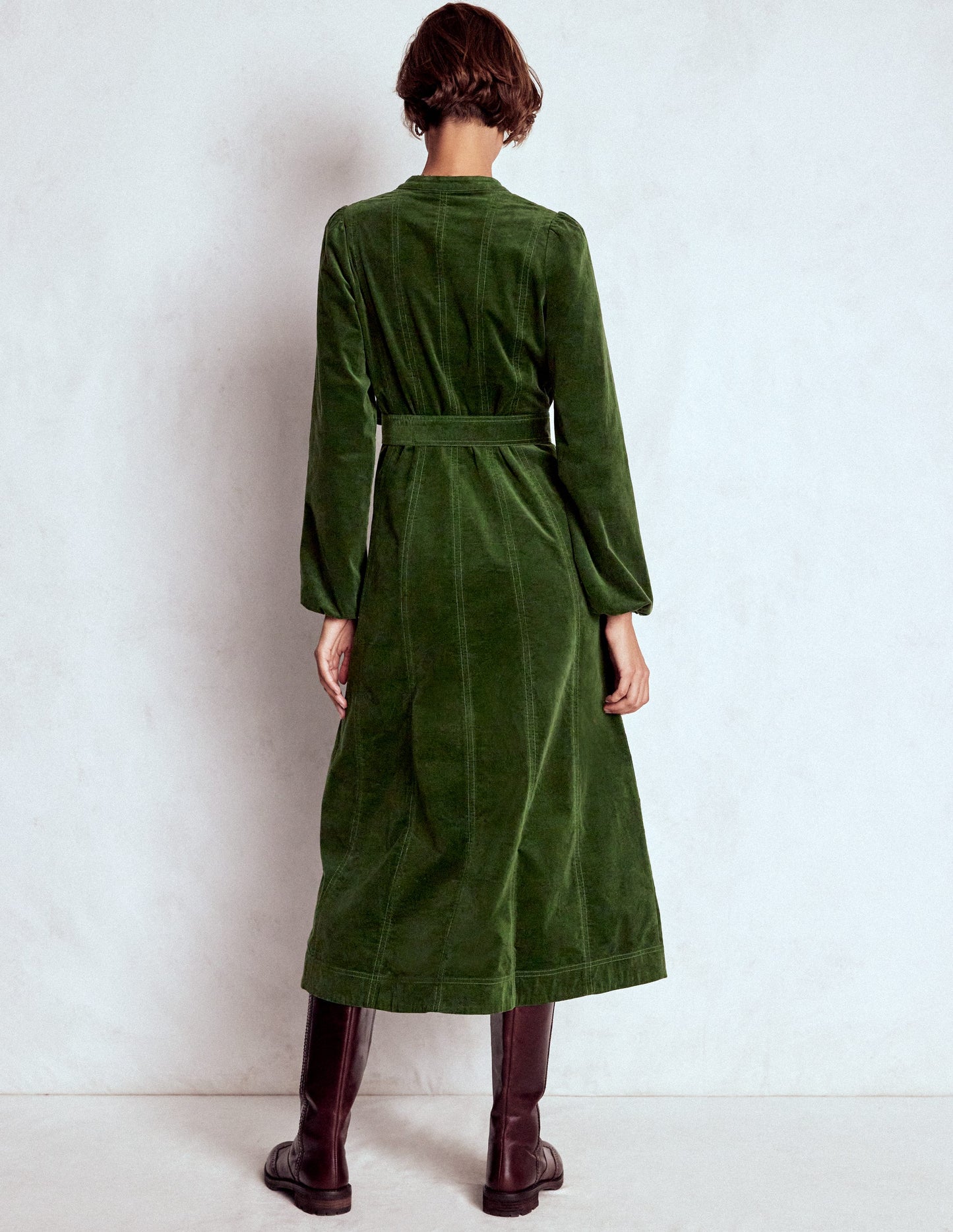 Ros Panelled Cord Midi Dress-Green Fir