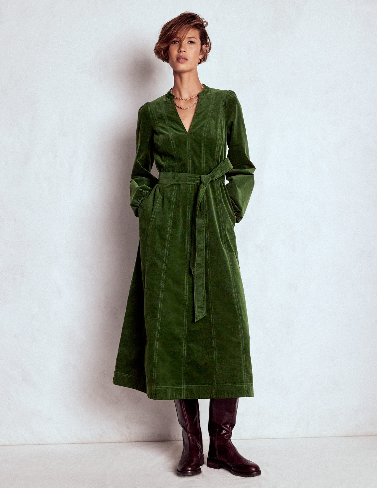 Ros Panelled Cord Midi Dress-Green Fir - Image 1