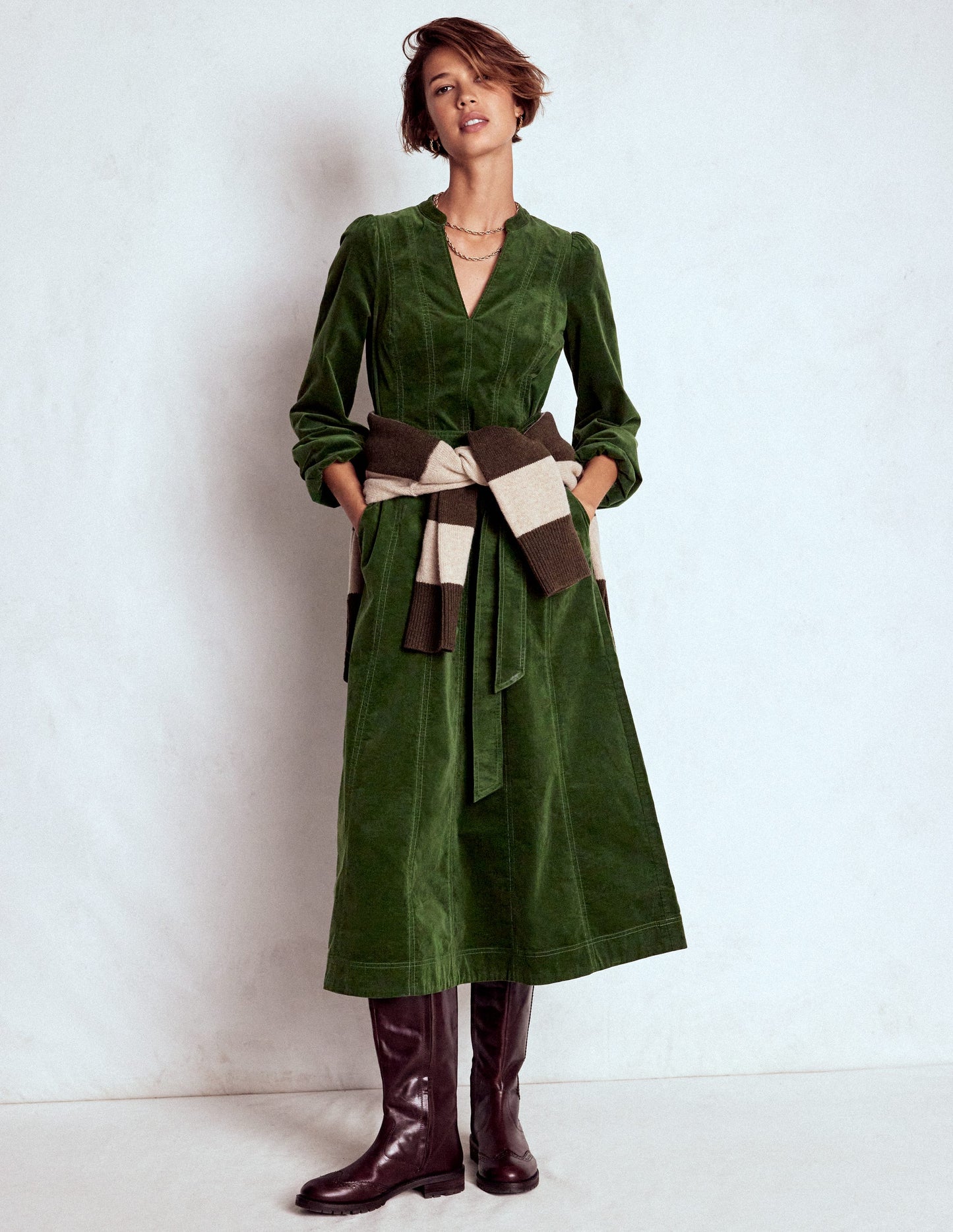 Ros Panelled Cord Midi Dress-Green Fir