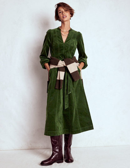 Ros Panelled Cord Midi Dress-Green Fir-5