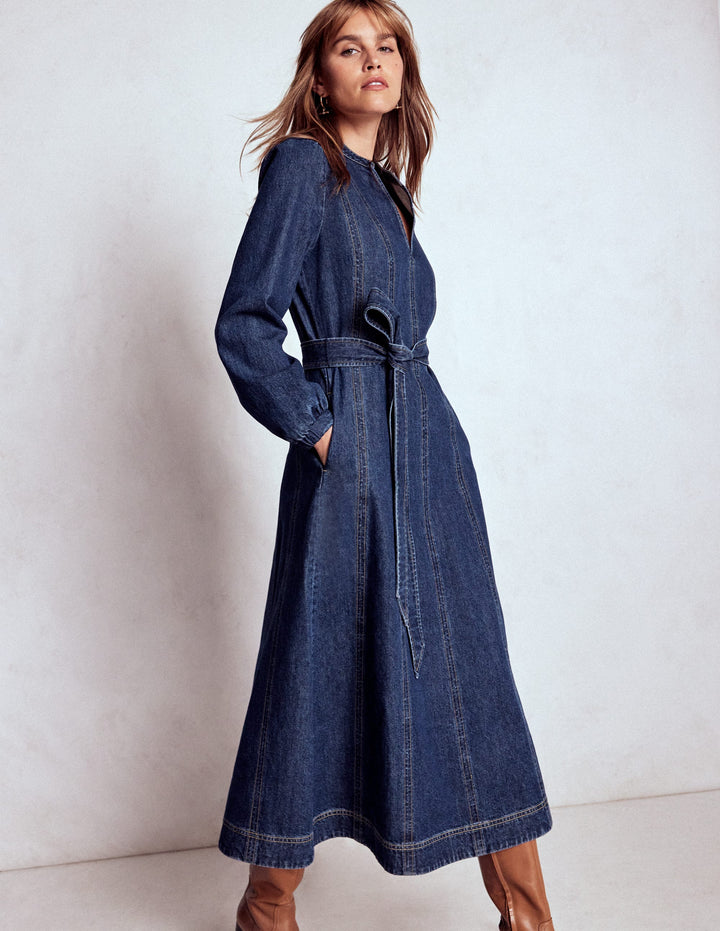 Ros Panelled Denim Midi Dress-Indigo Denim