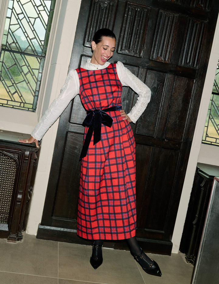 Scoop Back Check Dress-Red, Navy and Purple Check