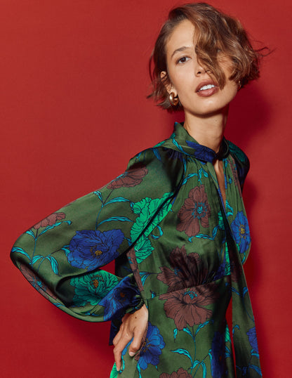 Tie Neck Satin Midi Dress-Green Fir, Peony Bloom-1