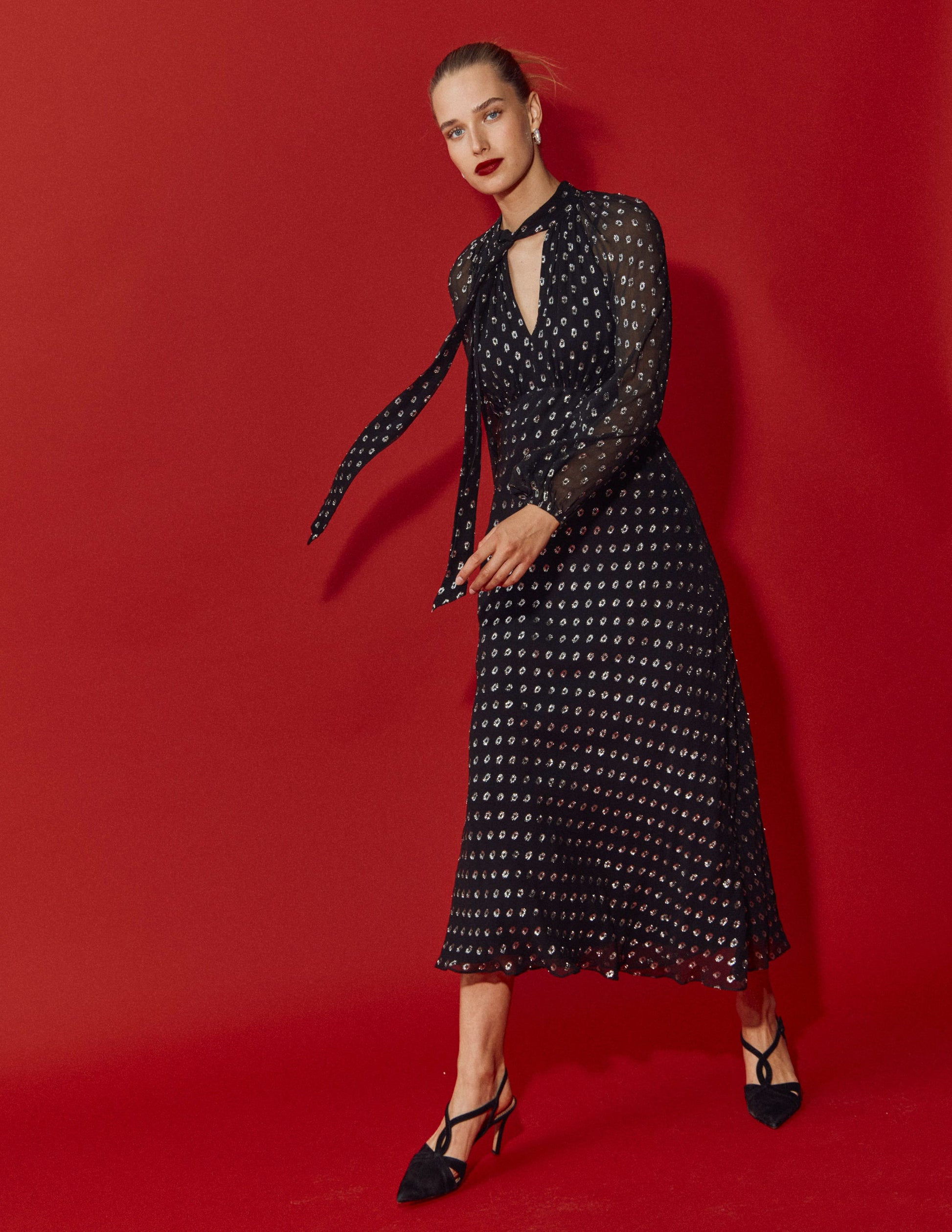 Tie Neck Midi Dress-Black and Silver Clip-1