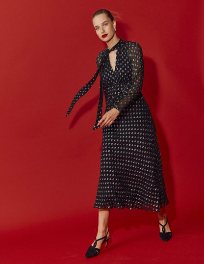 Tie Neck Midi Dress-Black and Silver Clip-1