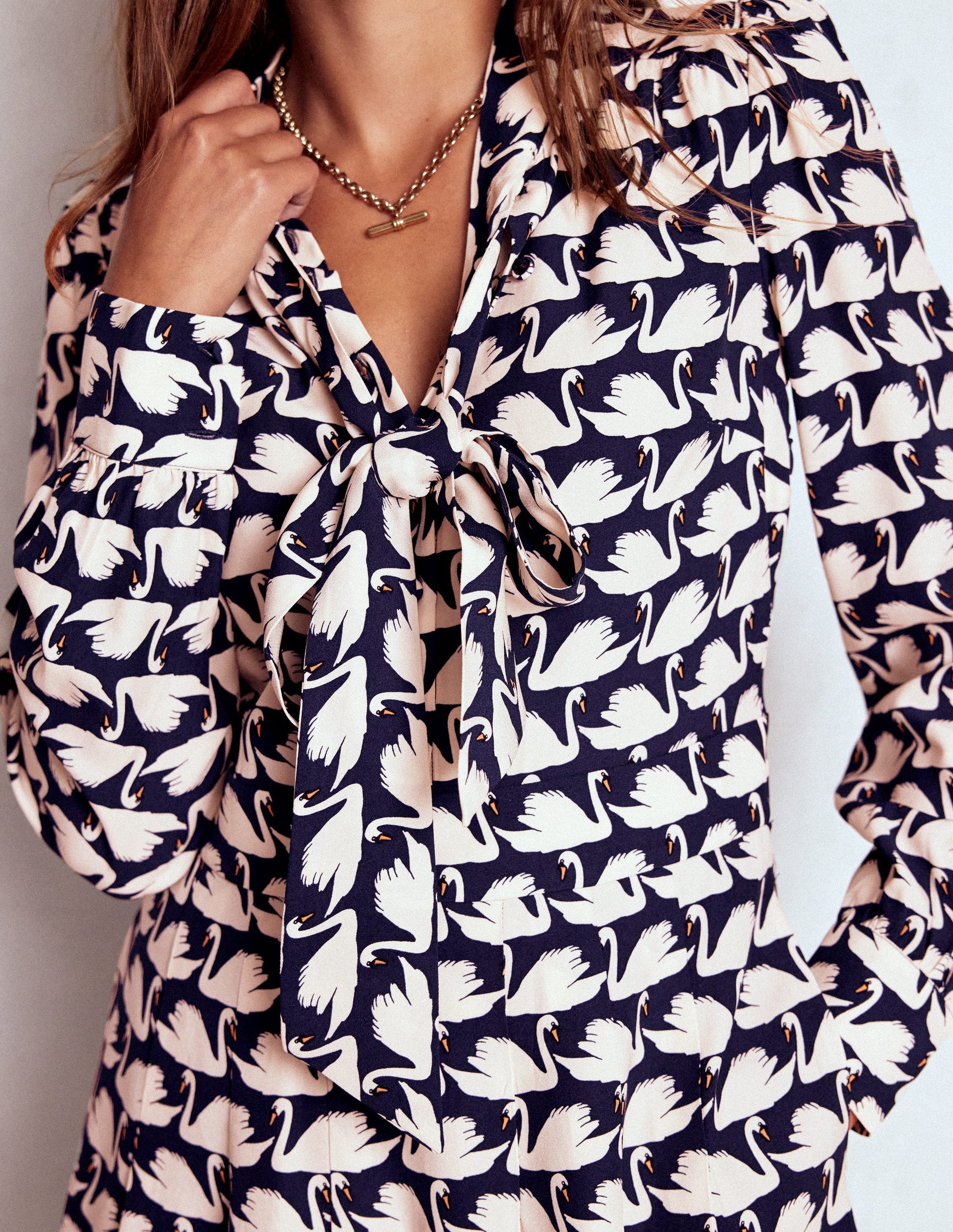 Tie Neck Short Dress-French Navy, Geo Swan-3