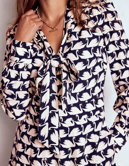 Tie Neck Short Dress-French Navy, Geo Swan-3