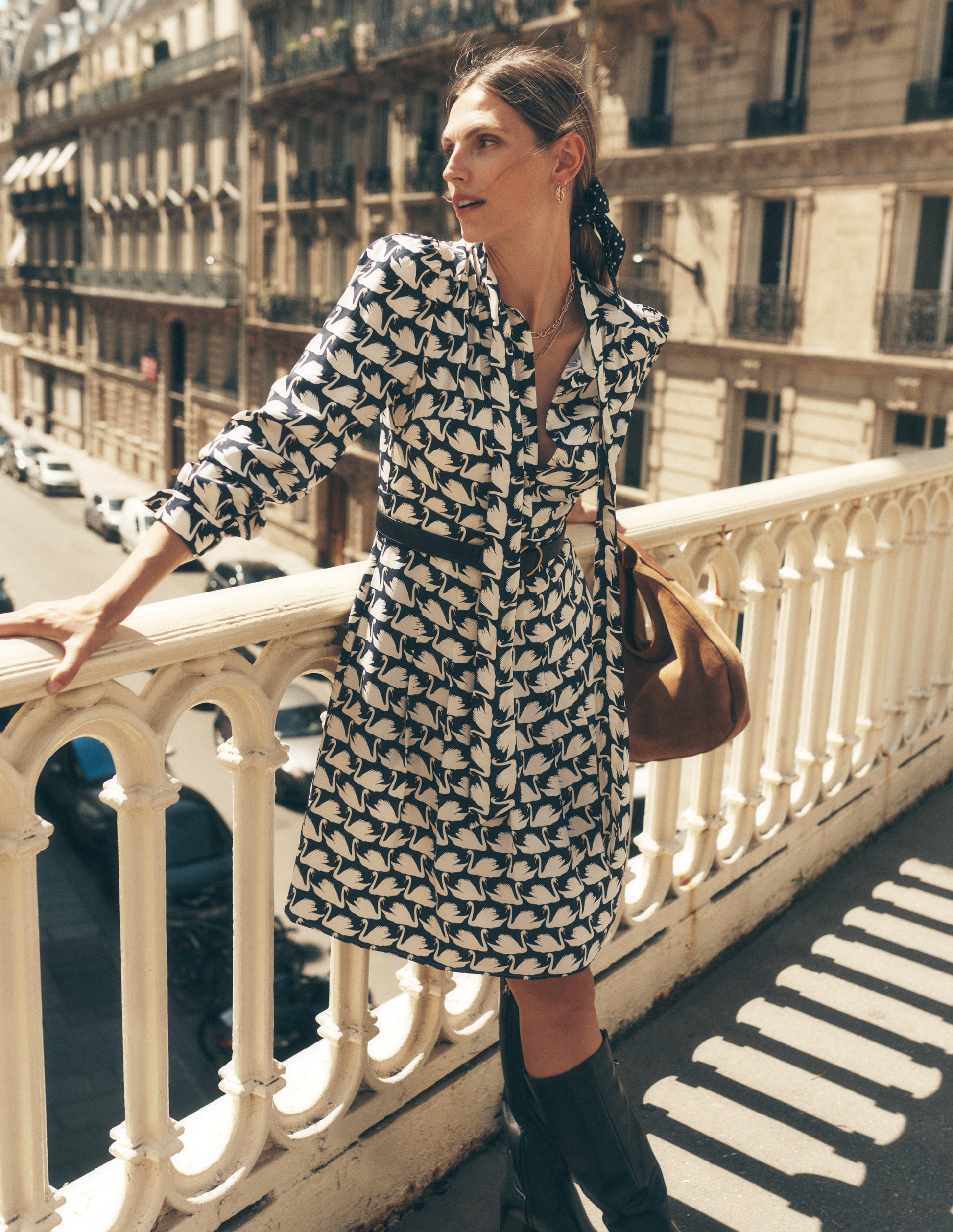 Tie Neck Short Dress-French Navy, Geo Swan-1