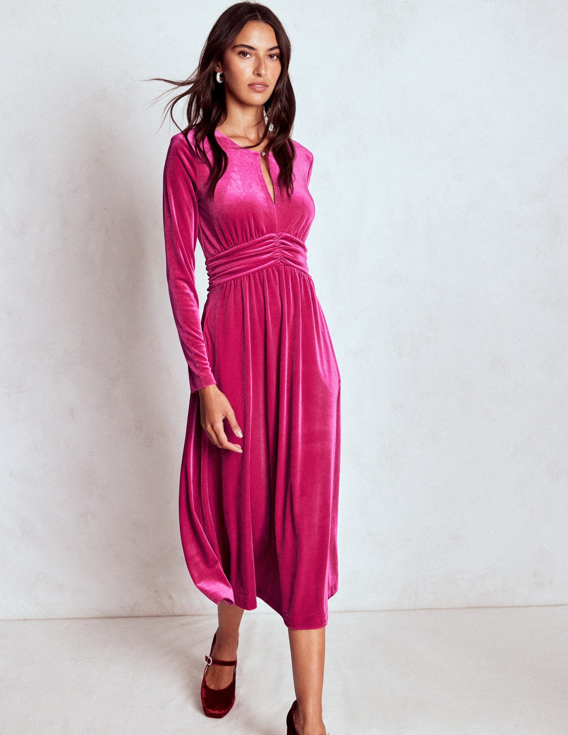 Tilda Velvet Midi Dress-Vibrant Pink | Boden Global Tilda Velvet Midi Dress-Vibrant Pink | Boden Global