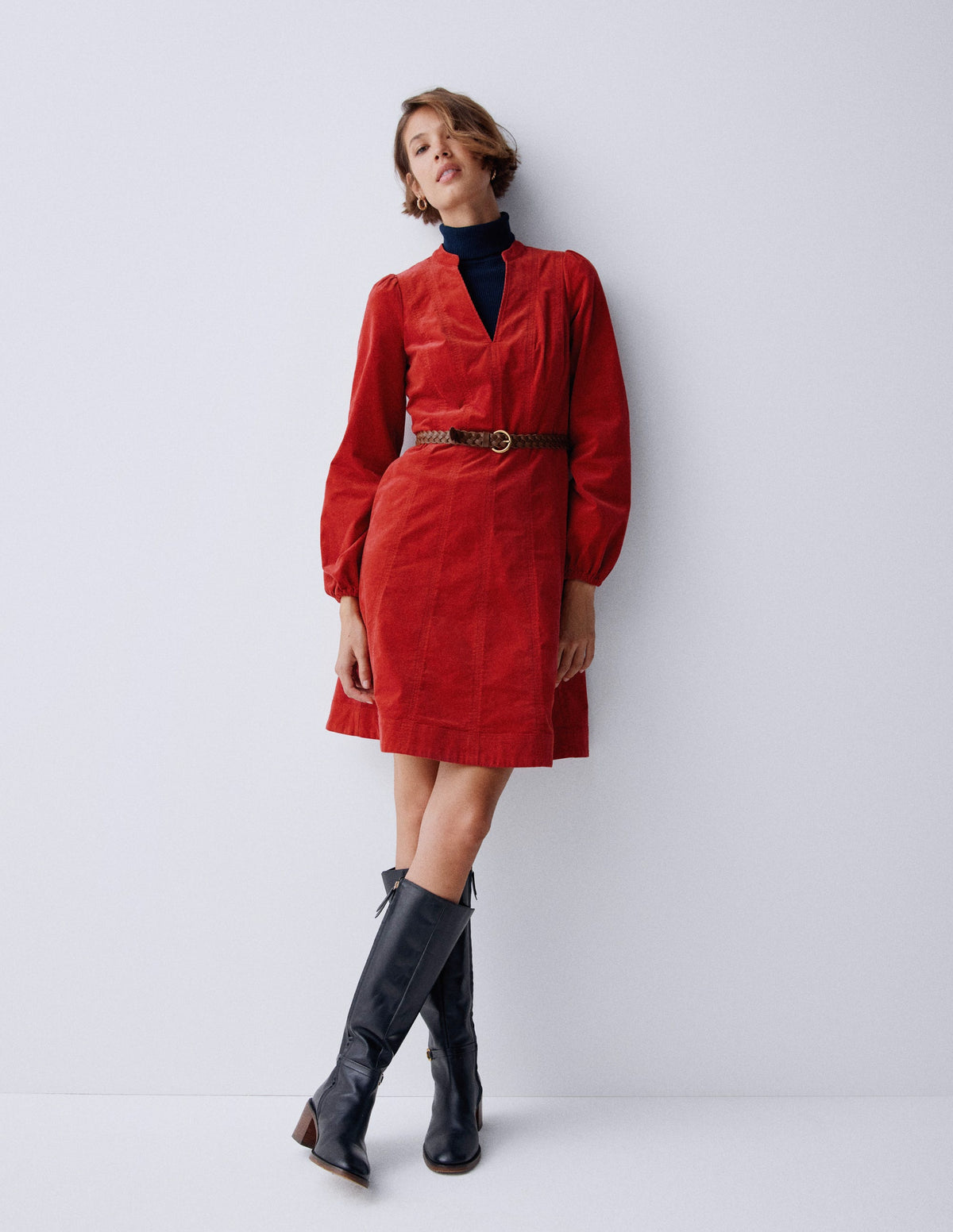 Ros Panelled Cord Short Dress-Crimson Red - Image 6